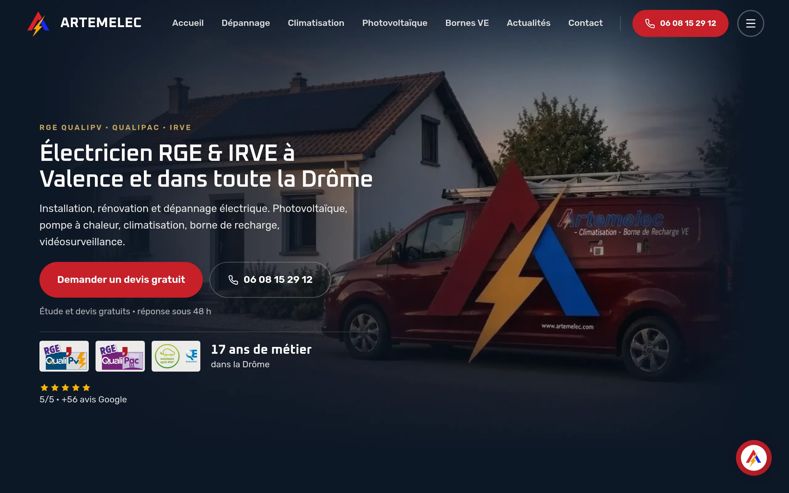 Site de Artemelec sur ordinateur