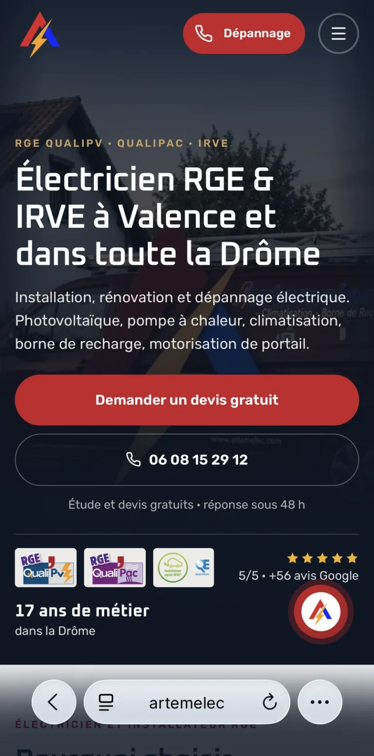 Site de Artemelec sur téléphone